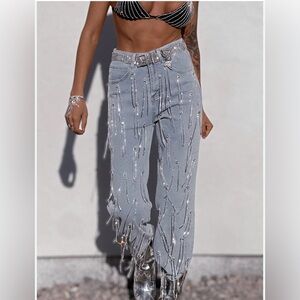 Festival “Diamond”  Cascade fringe Distressed Jeweled Fringe jean Jeans NWoT M